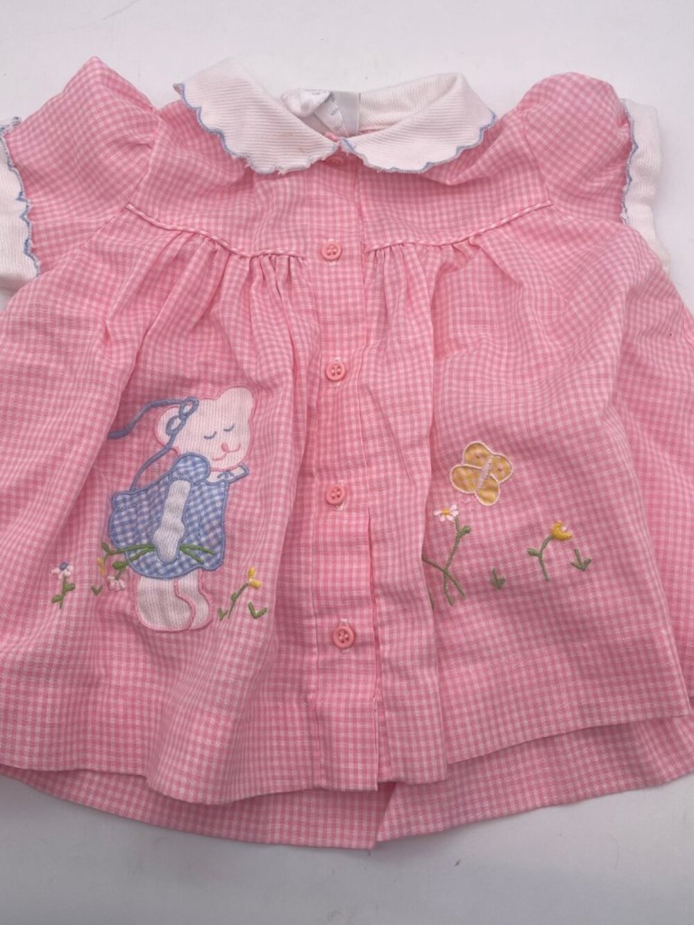 VTG Cinderella Baby Girl 12 Months Pink Gingham Embroidered Bear Floral Dress Y